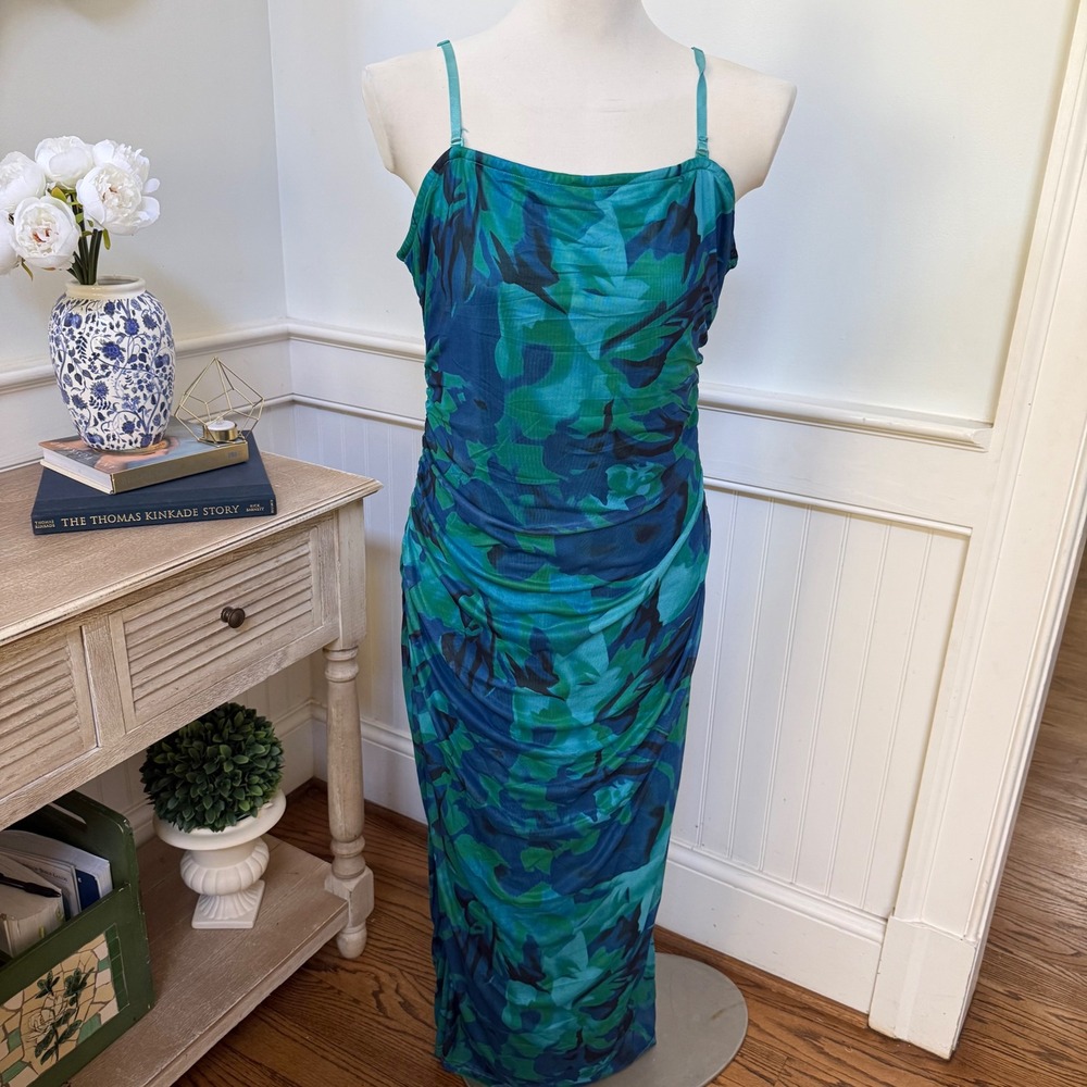 NWT PrettyGarden XXL Blue Green Floral Mesh Ruched Bodycon Maxi Dress